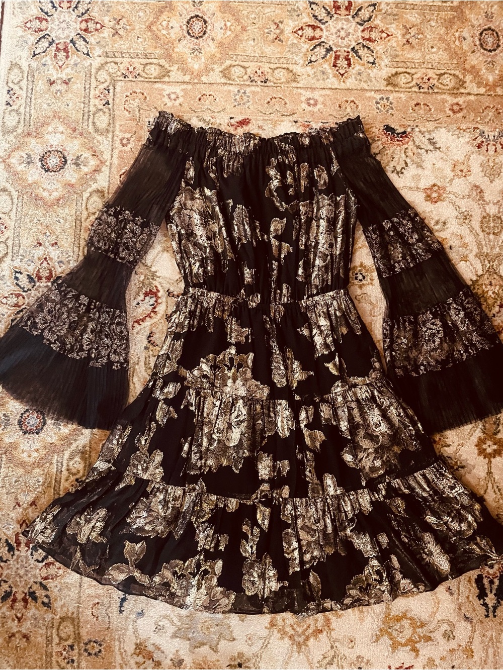 Kobi Halperin Black & Gold Off-Shoulder Silk Blend XS Floral Metallic Dress